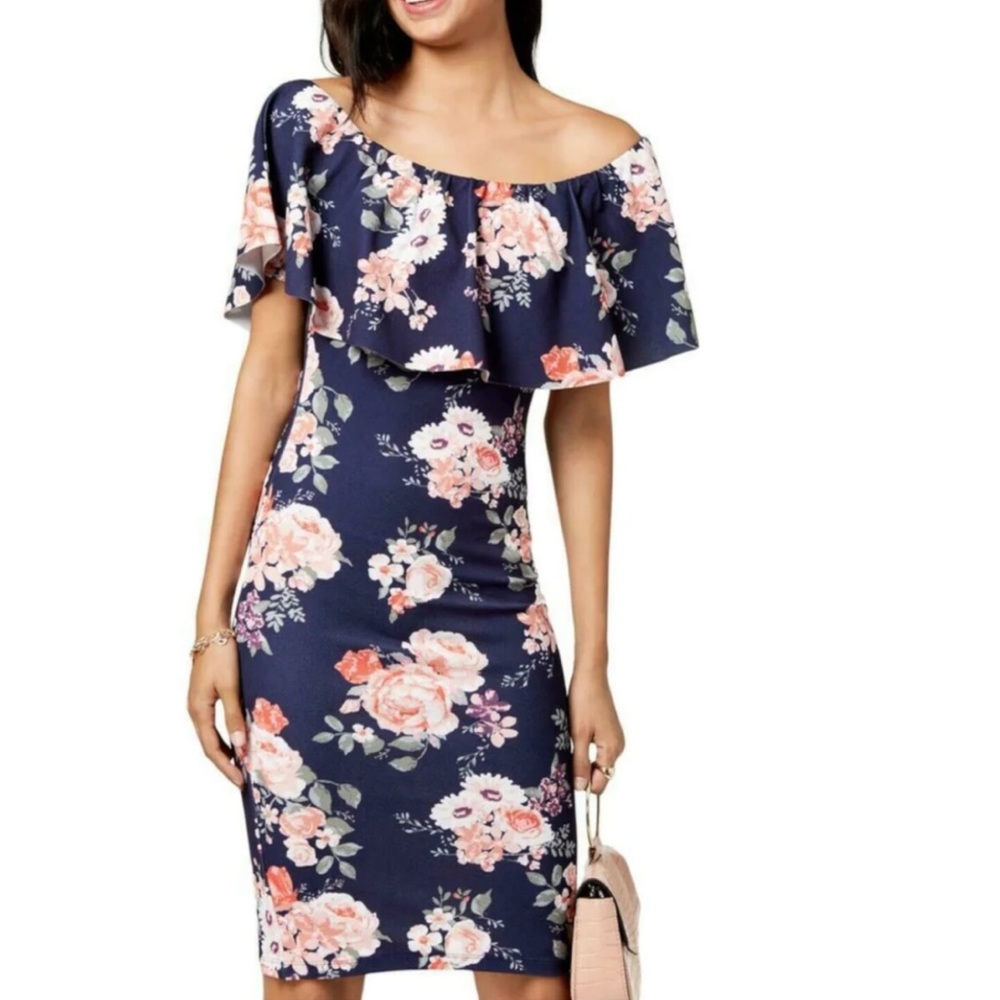 Crave Fame Navy Ruffled Off Shoulder Floral Body Con Dress